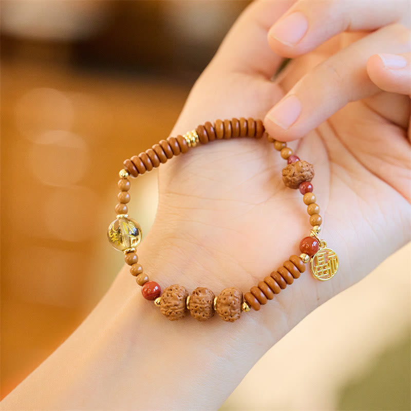 Buddha Stones Semi di Bodhi Tibetano Onice Nero Quarzo Fumé Om Mani Padme Hum Fu Carattere Bracciale Ricchezza