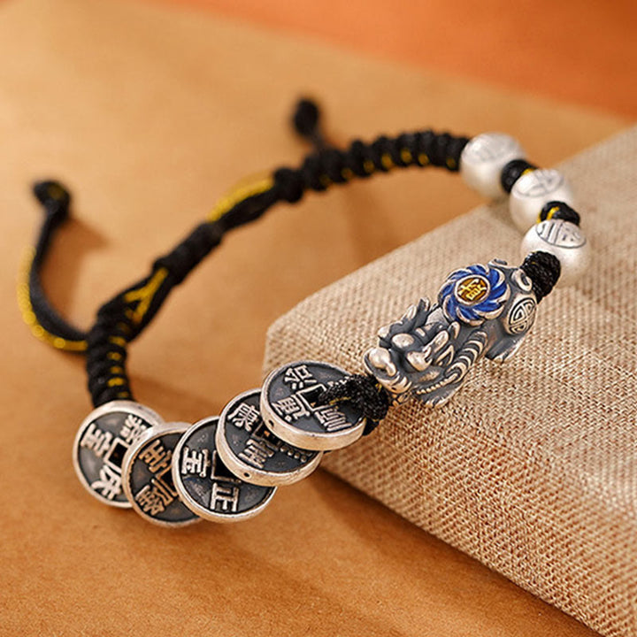 Bracciale intrecciato con moneta di rame PiXiu FengShui in argento sterling 999 con pietre Buddha Stones, carattere Fu, ricchezza