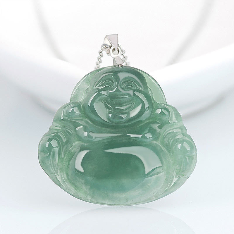 Collana con Buddha Stones in argento sterling 925 con ciondolo a forma di Buddha che ride, protezione e calma - Giada - image 1
