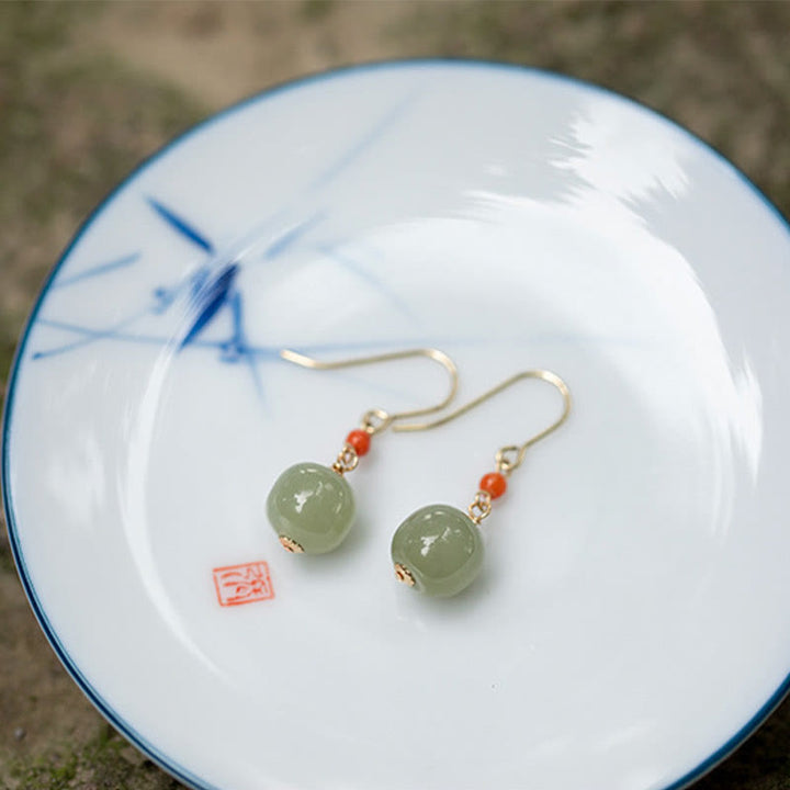Orecchini pendenti con pendente della fortuna in giada di Hetian, agata rossa, argento sterling 925 placcato oro 14k, Buddha Stones - image 5