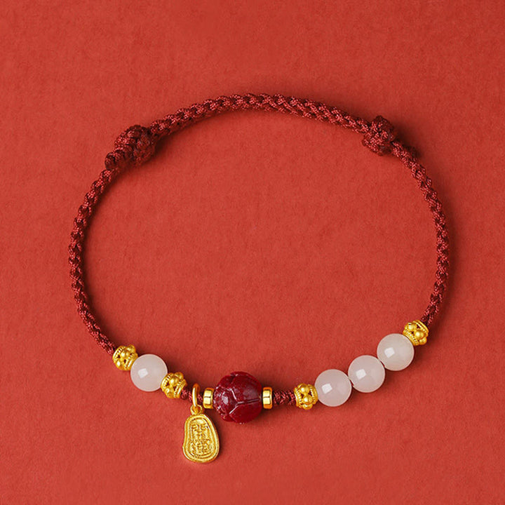 Bracciale Buddha Stones placcato oro 24K Hetian White Jade Cinnabar Lotus Luck Rope