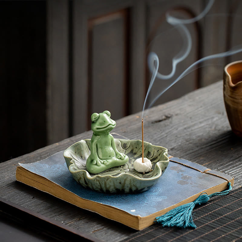 Buddha Stones Foglia Meditazione Rana Modello Guarigione Ceramica Bruciatore Incenso Decorazione