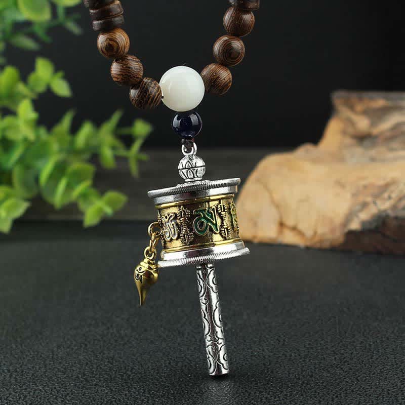 Buddha Stones Tibetano Om Mani Padme Hum Ruota della Preghiera Rotazione Vajra Collana Pendente in Legno - image 2