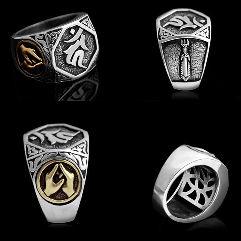 Anello regolabile con protezione intagliata in argento sterling 925 con design sanscrito Buddha Stones