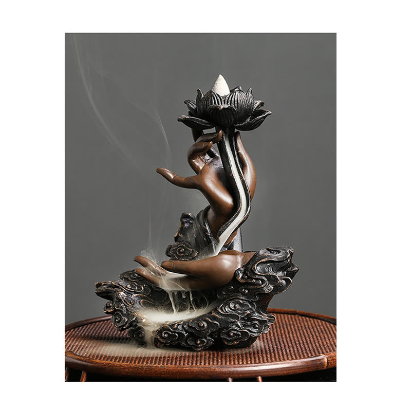 Buddha Stones Loto Mano di Buddha Nuvole di Buon Auspicio Modello Meditazione Resina Bruciatore di Incenso a Riflusso
