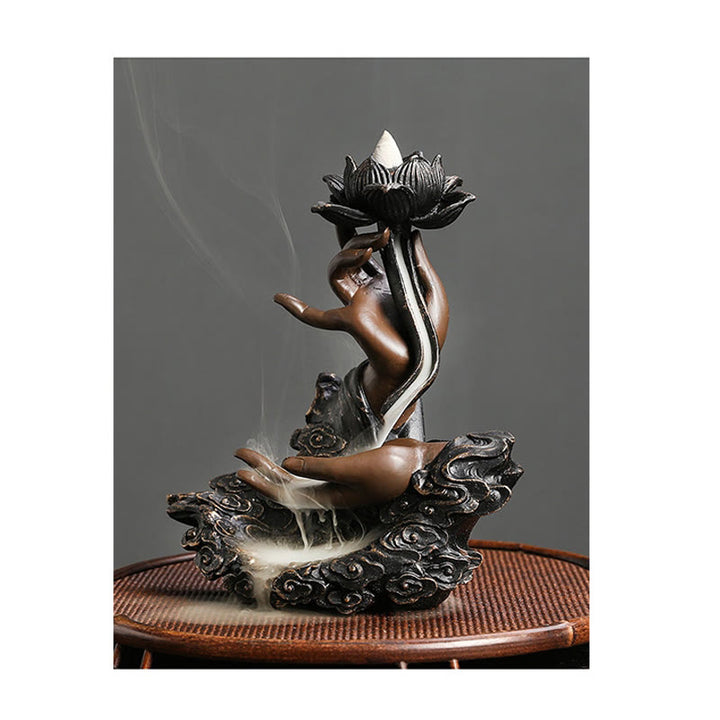 Buddha Stones Loto Mano di Buddha Nuvole di Buon Auspicio Modello Meditazione Resina Bruciatore di Incenso a Riflusso