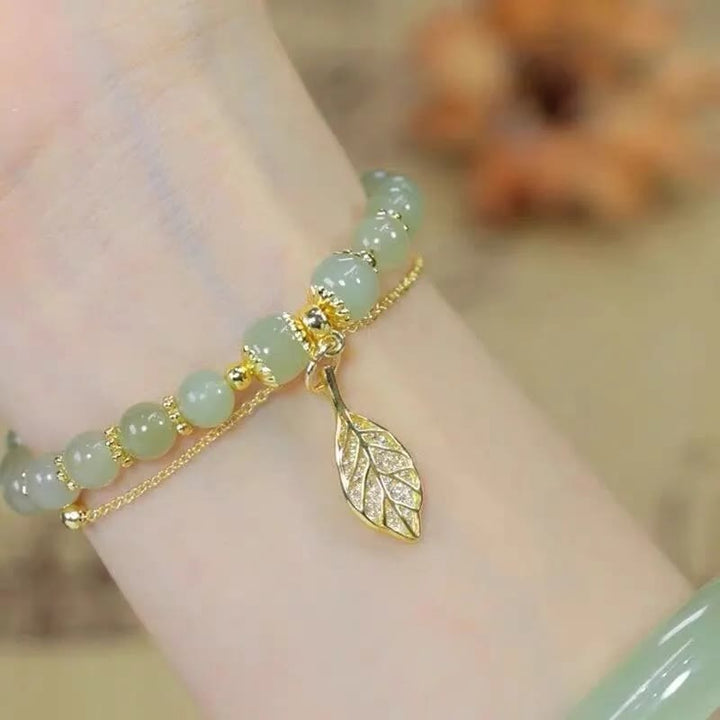 Braccialetto di perline con carattere Fu , Buddha Stones di giada, foglia di ginkgo, tulipano, arachidi e fortuna