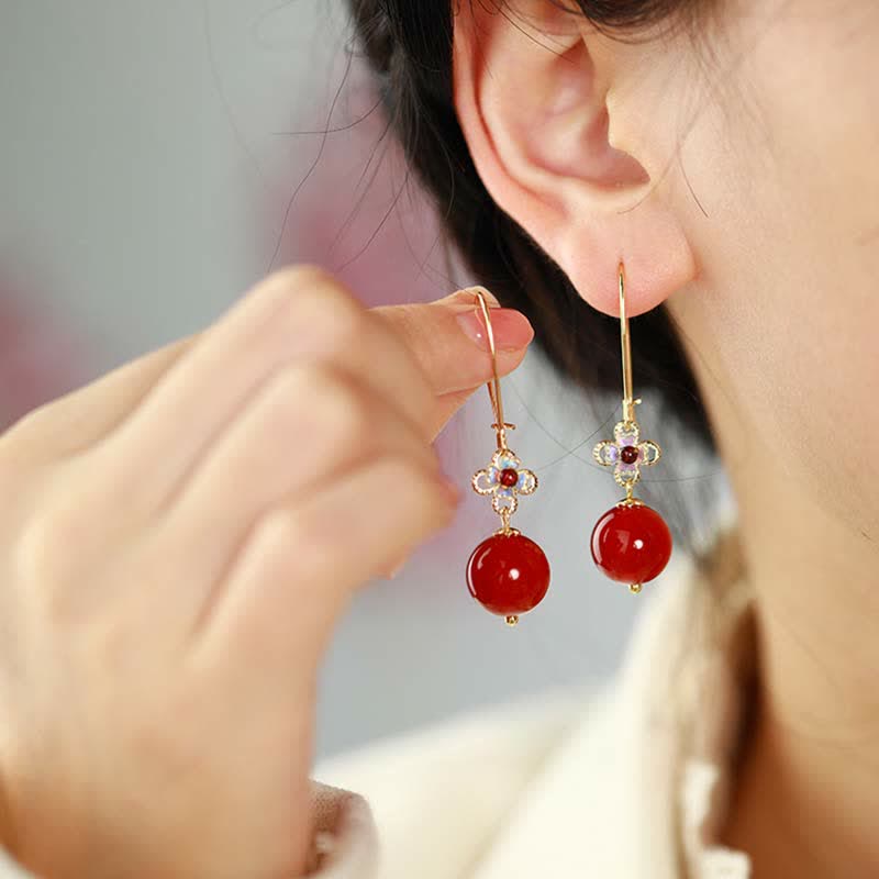 Orecchini Buddha Stones in argento sterling 925 con perline di fiori di agata rossa e fiducia
