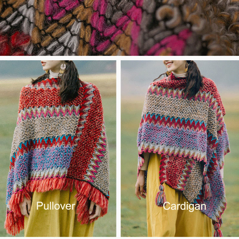 Scialle tibetano lavorato a maglia con Buddha Stones, mantello caldo, sciarpa tibetana con nappe
