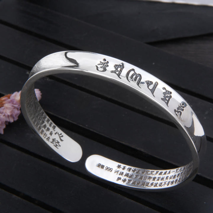 Buddha Stones 999 Sterling Silver Om Mani Padme Hum Cuore Sutra Amore Pace Bracciale Bangle