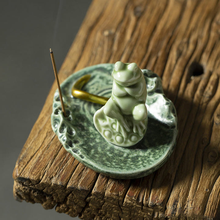 Buddha Stones Foglia Meditazione Rana Modello Guarigione Ceramica Bruciatore Incenso Decorazione