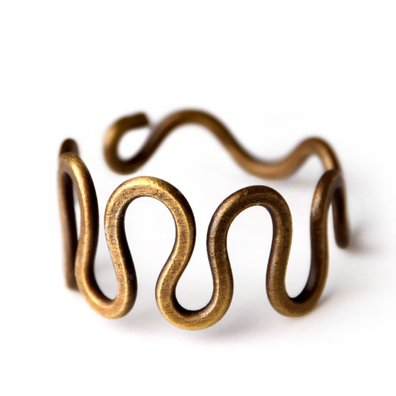 Anello regolabile in rame con design curvo in ottone semplice Buddha Stones, fortuna e ricchezza