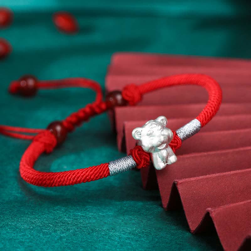 Braccialetto in corda rossa con Buddha Stones in argento sterling 999, zodiaco cinese, fortuna e forza - Tigre (misura del braccialetto 15,5 cm + 8 cm) - image 7