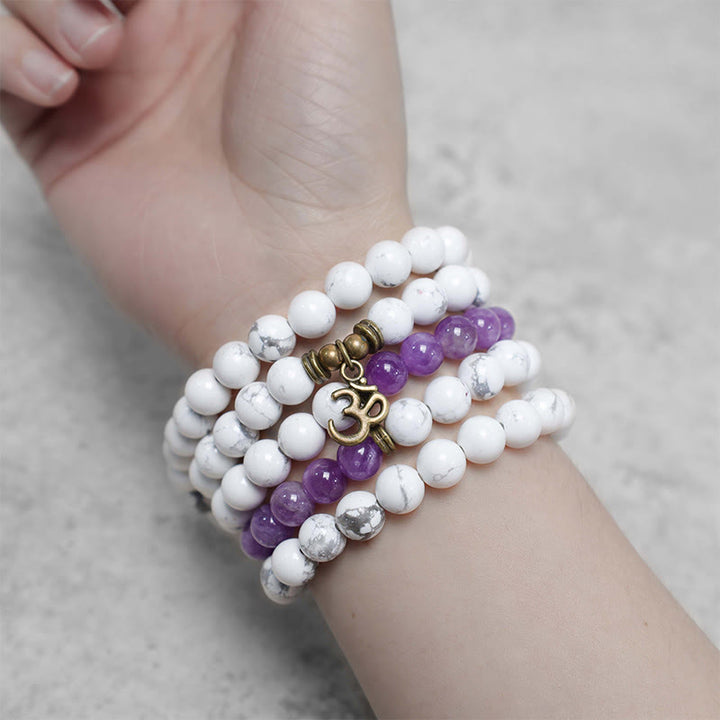 Buddha Stones 108 Mala Beads Ametista Bianco Turchese OM Braccialetto energetico per meditazione curativa