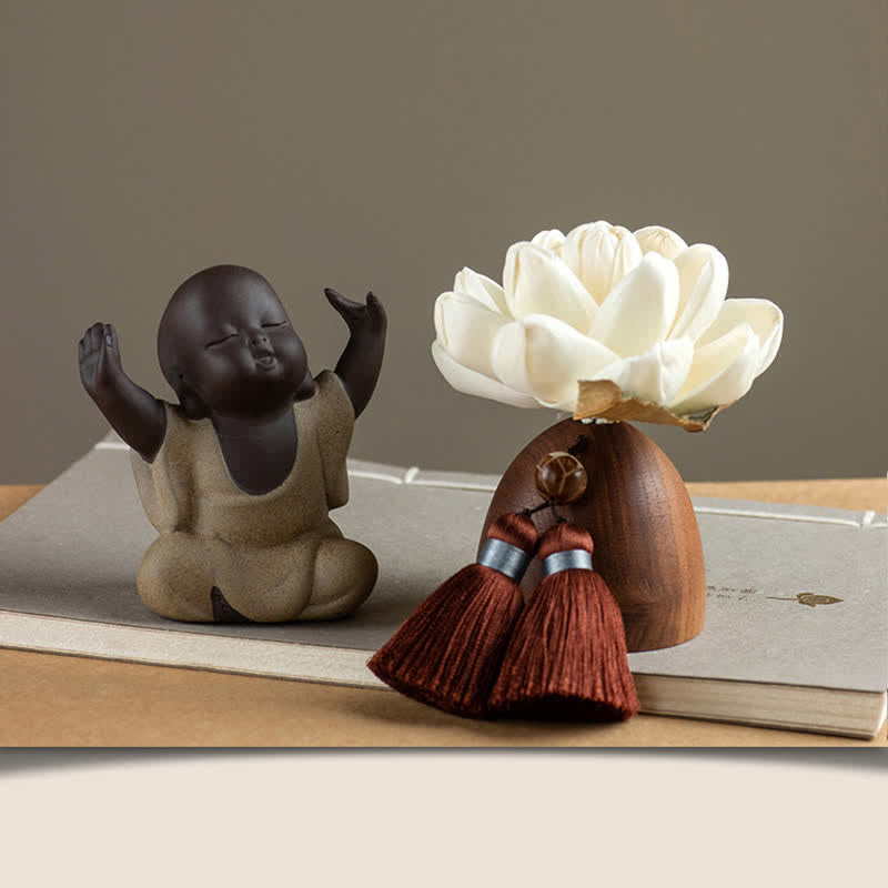 Decorazione di cura calma con fiore di Buddha in legno di pesca nera - Piccolo Maitreya - image 9