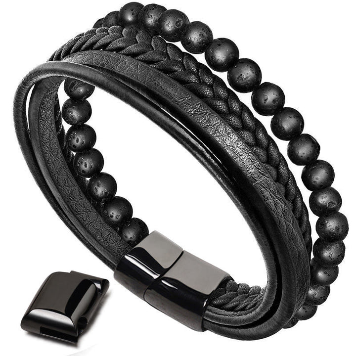 Bracciale in pelle con perline di onice nero e roccia lavica naturale Buddha Stones
