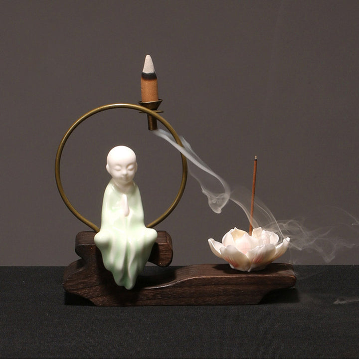 Buddha Stones Decorazione bruciatore di incenso in ceramica per meditazione curativa a forma di loto - Piccolo Monaco Ciano - image 16