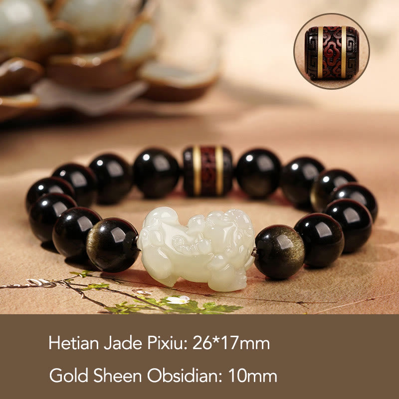 Buddha Stones Oro Naturale Lucentezza Ossidiana Giada Ciano Hetian Giada Bianca Bracciale PiXiu Ricchezza