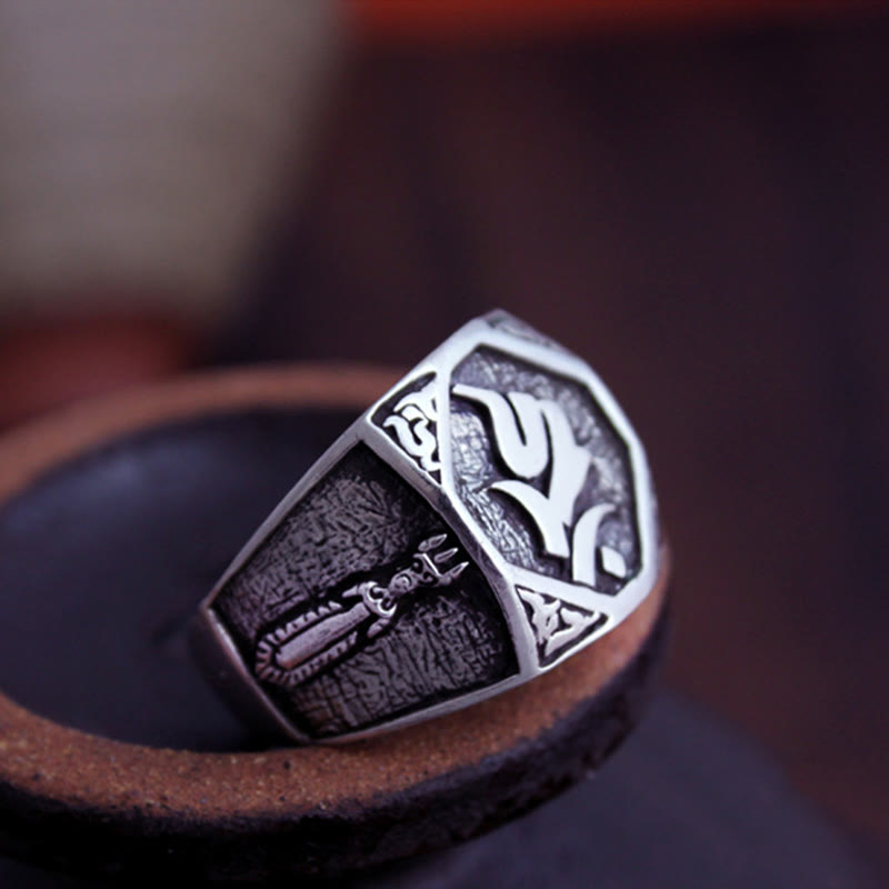 Anello regolabile con protezione intagliata in argento sterling 925 con design sanscrito Buddha Stones