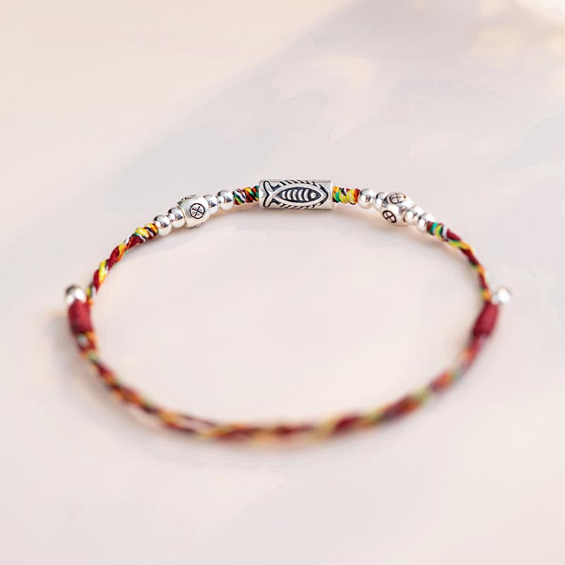 Buddha Stones 925 Sterling Silver Luck Koi Fish Braccialetto alla caviglia intrecciato con corda colorata - image 3
