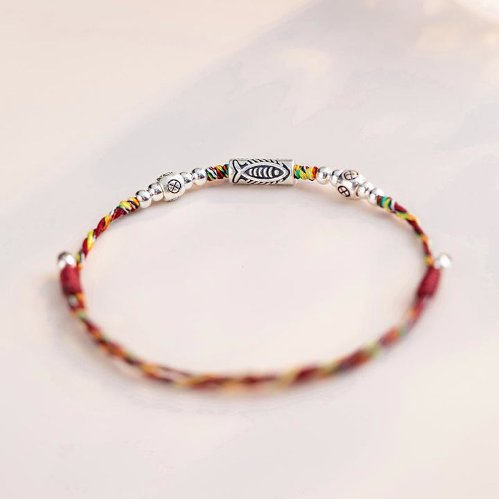 Buddha Stones 925 Sterling Silver Luck Koi Fish Braccialetto alla caviglia intrecciato con corda colorata - image 3