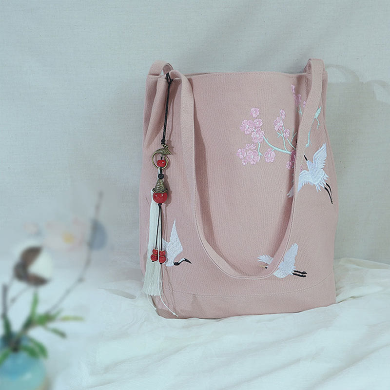 Buddha Stones Flower Crane Plum Blossom Ricamo Tela Grande Capacità Borsa a Tracolla Tote Bag