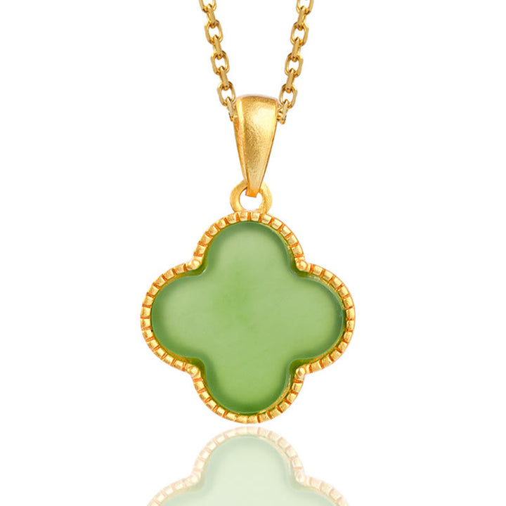 Collana con ciondolo a forma di quadrifoglio con Buddha Stones in argento sterling 925 e giada naturale di Hetian