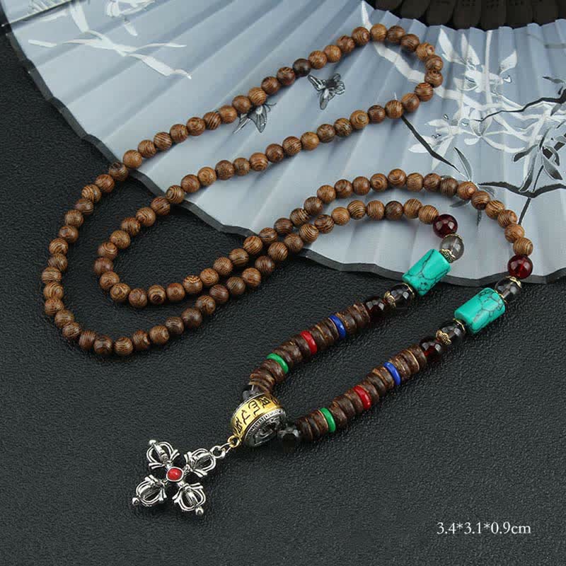 Buddha Stones Tibetano Om Mani Padme Hum Ruota della Preghiera Rotazione Vajra Collana Pendente in Legno - Croce Rossa Vajra - image 28