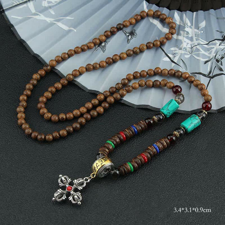 Buddha Stones Tibetano Om Mani Padme Hum Ruota della Preghiera Rotazione Vajra Collana Pendente in Legno - Croce Rossa Vajra - image 28