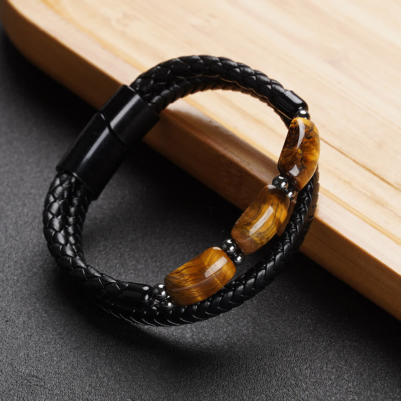 Braccialetto in pelle con fibbia magnetica e protezione naturale dell'occhio di tigre Buddha Stones