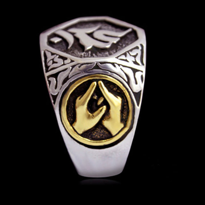 Anello regolabile con protezione intagliata in argento sterling 925 con design sanscrito Buddha Stones
