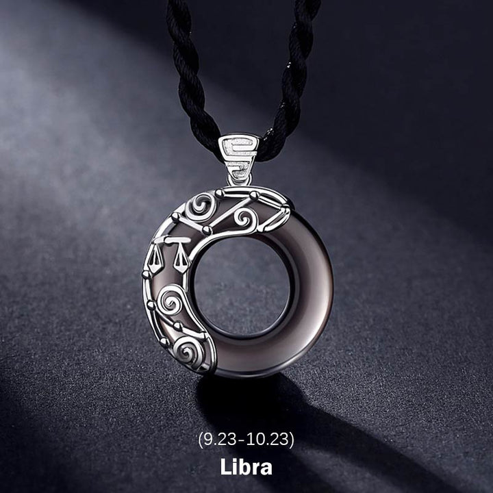 Buddha Stones 12 Costellazioni dello Zodiaco Collana con ciondolo rotondo in ossidiana ghiacciata e benedizione - Libra - Corda - image 13