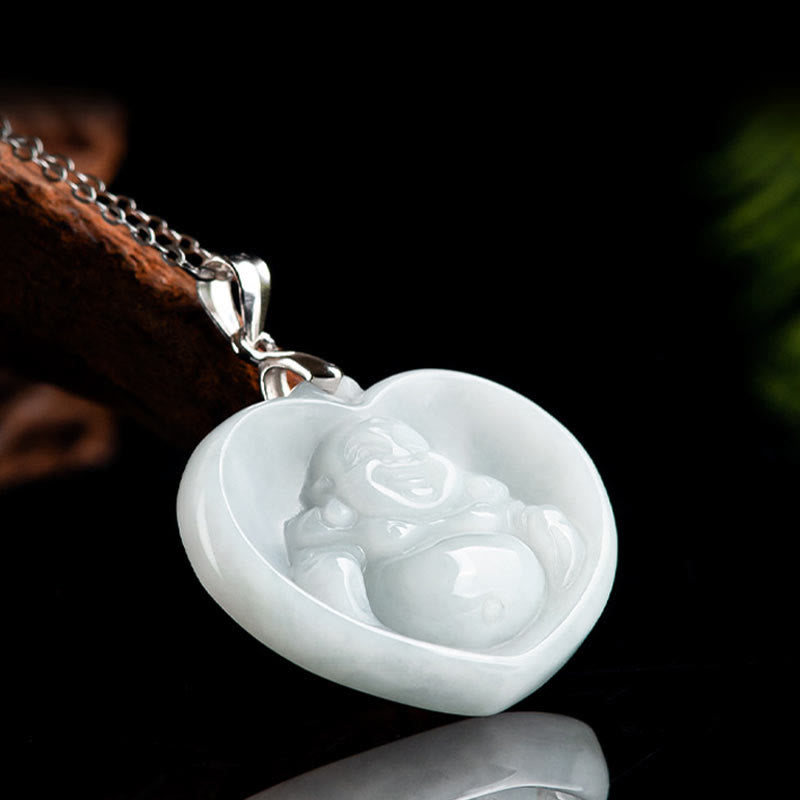 Collana con ciondolo Buddha Stones in argento sterling 925 con Buddha che ride, giada bianca, fortuna e benedizione - image 3