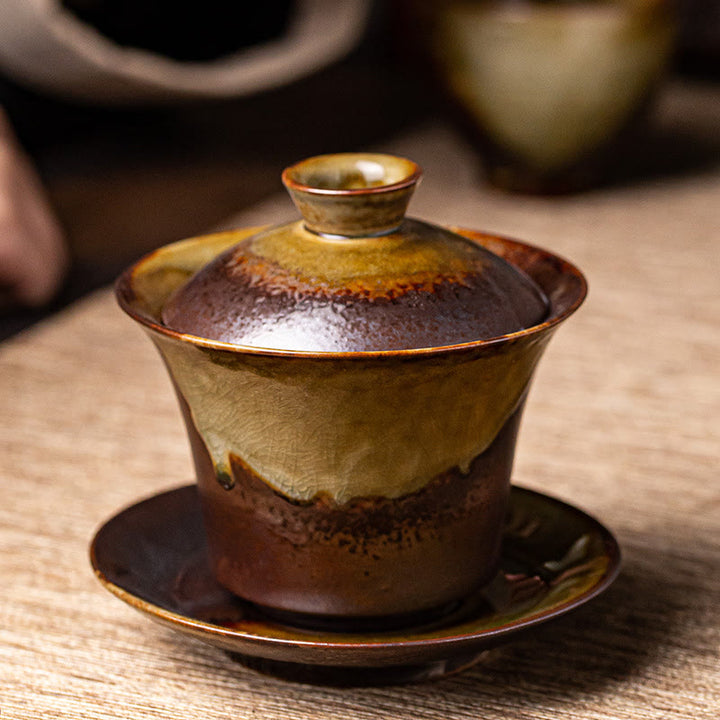 Buddha Stones Vintage Brown Kiln Change Design Porcellana Ceramica Gaiwan Sancai Tazza da tè Kung Fu Tazza da tè e piattino con coperchio