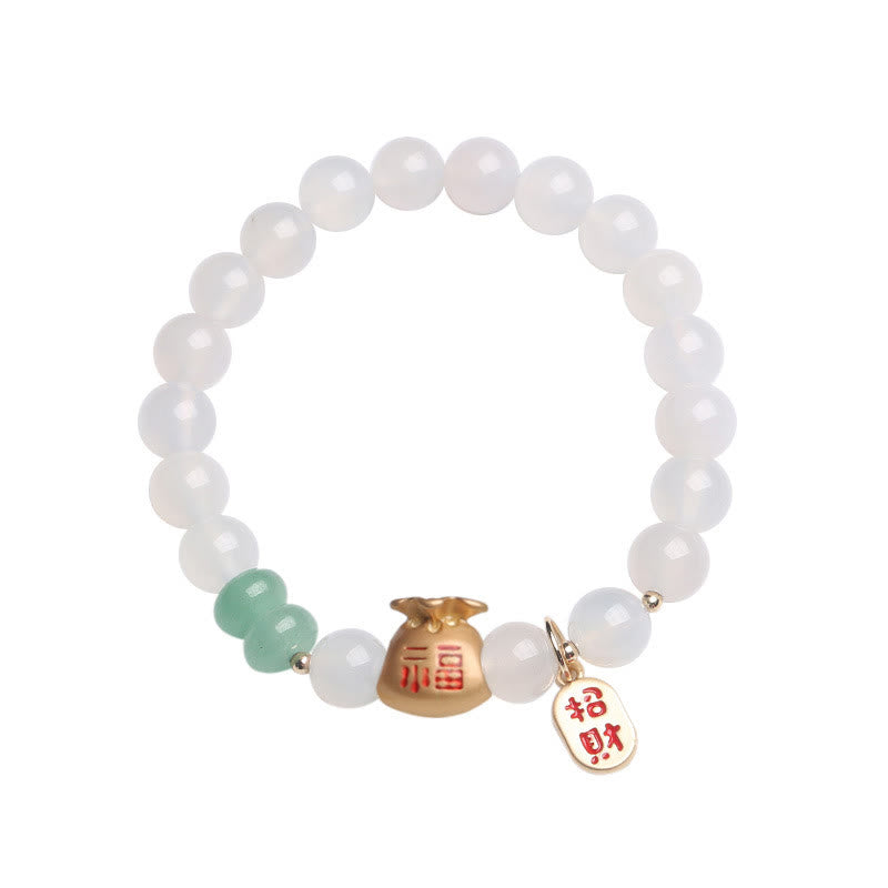 Buddha Stones Agata bianca naturale Agata rossa Sacchetto di soldi Fu Carattere Braccialetto di protezione a quattro foglie di trifoglio