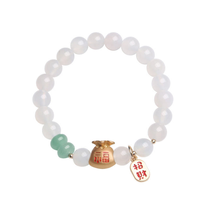 Buddha Stones Agata bianca naturale Agata rossa Sacchetto di soldi Fu Carattere Braccialetto di protezione a quattro foglie di trifoglio