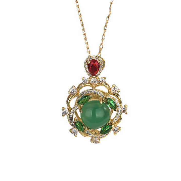Collana Buddha Stones con giada ciano e cristallo rosso fortunato