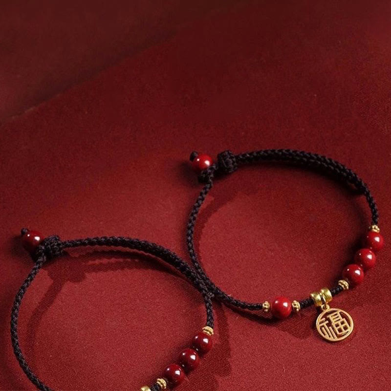 Braccialetto con corda intrecciata con Buddha Stones, perline di cinabro e carattere Fu