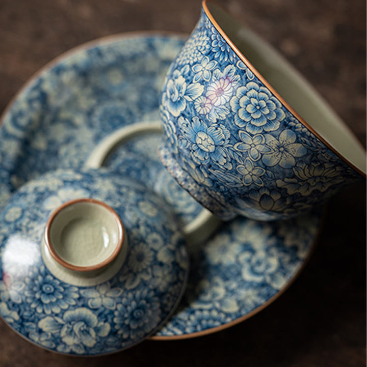 Buddha Stones Vintage Blu e Bianco Porcellana Fiore di Pesco Loto Peonia Ceramica Gaiwan Sancai Tazza da Tè Kung Fu Tazza da Tè e Piattino con Coperchio - image 5
