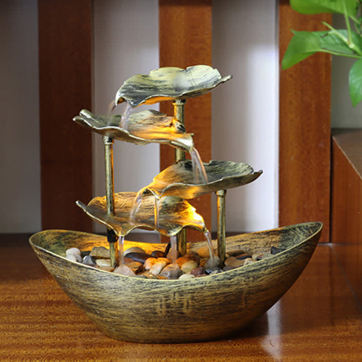 Buddha Stones a forma di foglia di loto, fontana a cascata, ornamenti da tavolo con luce LED, decorazione per ufficio domestico e scrivania