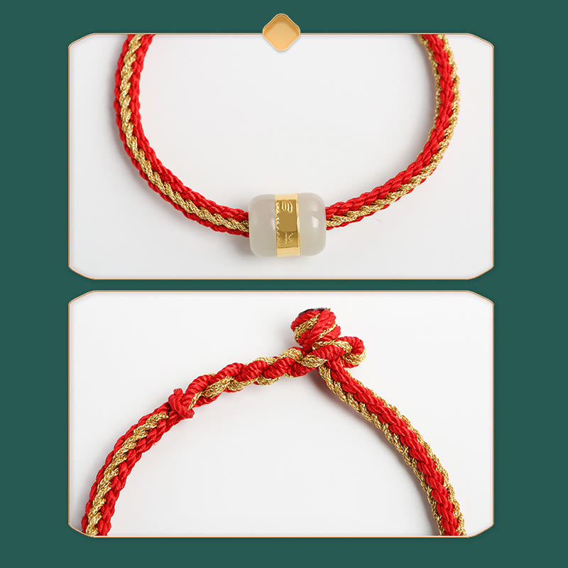 Bracciale intrecciato con carattere Om Mani Padme Hum Fu in giada bianca Hetian con Buddha Stones in oro 999