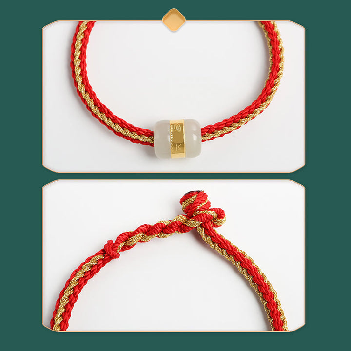 Bracciale intrecciato con carattere Om Mani Padme Hum Fu in giada bianca Hetian con Buddha Stones in oro 999