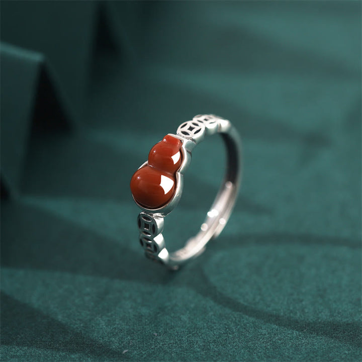Anello di autoaccettazione con moneta di rame e zucca in argento sterling 925 con pietre Buddha Stones e agata rossa