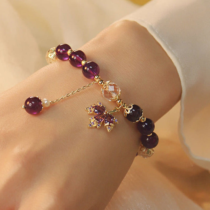 Bracciale con ciondolo a forma di foglia d'acero con ametista naturale placcato oro 14k Buddha Stones
