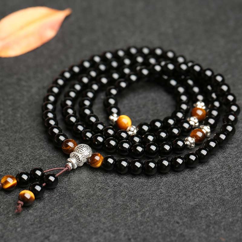 Bracciale Mala di benedizione con occhio di tigre e ossidiana nera Buddha Stones
