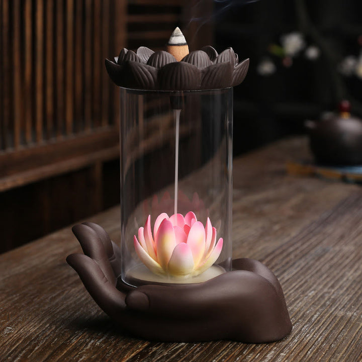 Buddha Stones Mano di Buddha Loto Illuminazione LED Luce Viola Argilla Ceramica Bruciatore di Incenso Decorazione