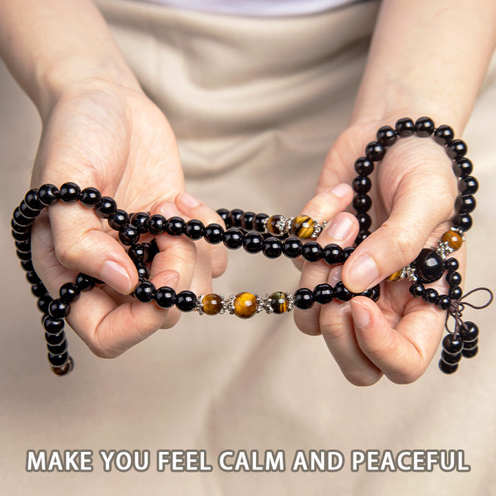 Buddha Stones Bracciale Mala con 108 perle in ossidiana nera naturale e occhio di tigre - image 2