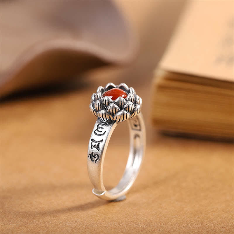 Buddha Stones925 Sterling Silver Lotus Red Agate Anello di Benedizione della Fiducia