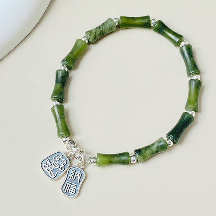 Bracciale Buddha Stones 925 Sterling Silver Bamboo Jade Lucky Cat Fu Character Luck Abundance