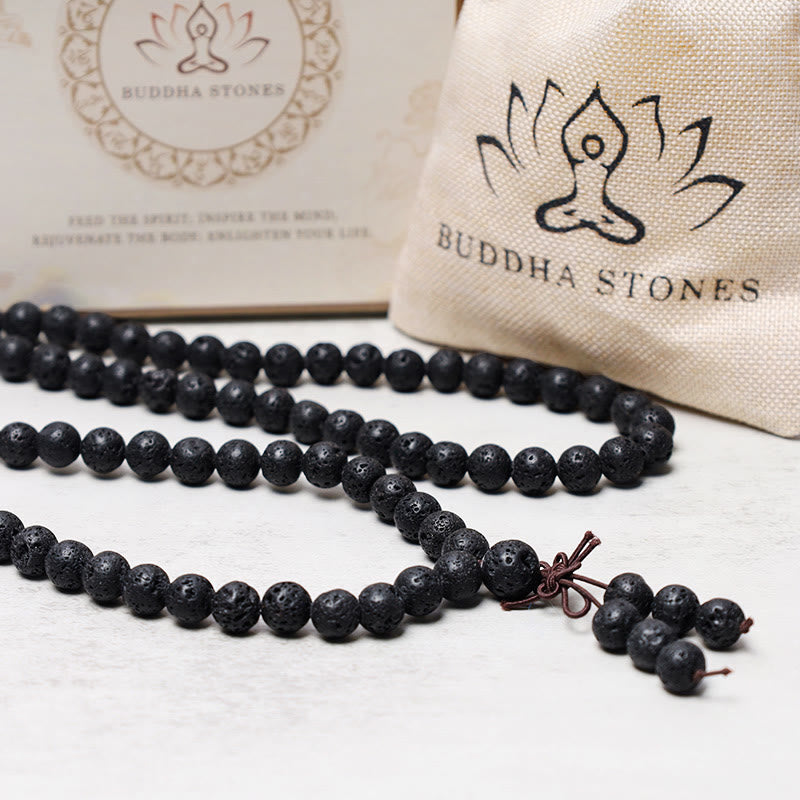Buddha Stones 108 Perle di Lava Naturale Preghiera Mala Bracciale Collana